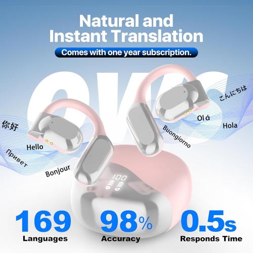 AI Language Translator Earbuds, OWS Real-Time 3-in-1 Translation Earbuds 169 Languages & Accents, Translation Device for Travel Business Learning,Pink