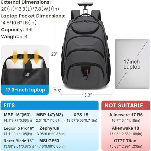Boavan Rolling Backpack,17 inch Water Resistant Wheeled Backpack,Carry on Luggage Business Bag, Overnight College Computer bag Trolley Suitcase for Men Women Adults to Travel，Grey