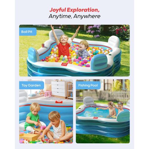 QPAU Inflatable Swimming Pool, Full-Sized Blow Up Pools with Seats and Backrests, Kiddie Pool for Outdoor & Backyard, for Family Summer Time Fun, Jelly Blue