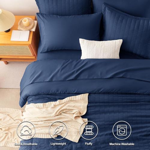 CozyLux Queen Comforter Set **Navy Blue** Seersucker 7 Pieces Bed in a Bag Queen Comforter Set with Sheets Luxury Soft Bedding Set with Down Alternative Comforter, Sheets, Pillowcases & Shams All Seasons