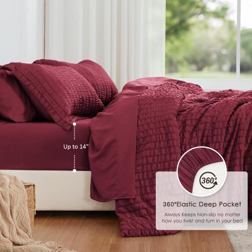 Love's cabin Seersucker Burgundy King Size Comforter Set, 7-Piece All Season Lightweight Bed in a Bag Bedding Set with Comforter, Flat Sheet, Fitted Sheet, Pillowcases and Shams