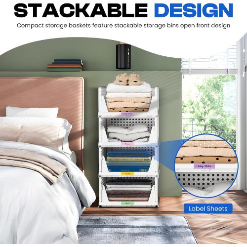 Stackable Plastic Storage Baskets–Set of of 4, Wardrobe & Closet Organizer – Durable Stacking Bins for Clothes, Pantry, or Shelf – Foldable & Space-Saving with 2 Label Sheets-White