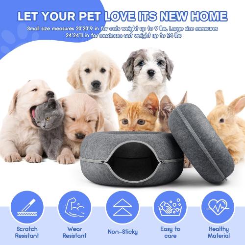 Size 24 x 24 x 11, Dark Grey, 2 PCS Tunnel Bed Peekaboo Cave for Multiple & Large Cats, Scratch Resistant, Washable & Detachable Round Felt Donut Tunnel up to 24 Lbs, 24 x 24 x 11, Dark Grey, 2 PCS