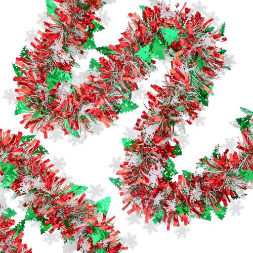 33 FT Christmas Tinsel Garland, Red Green White Metallic Twist Foil Tinsel Garland with Snowflake and Xmas Tree Hanging Decoration for Christmas Tree Wedding Birthday Home Party Decoration