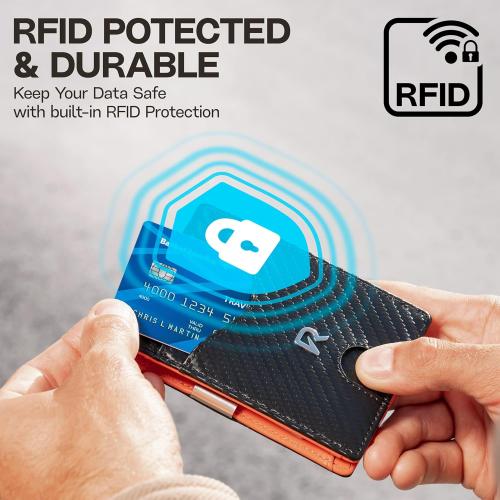 Slim Wallet for Men with Money Clip, Leather RFID Blocking Mens Wallet, Minimalist Credit Card Holder, Front Pocket Bifold - Gift Box Included (Money Clip, Carbon Orange)