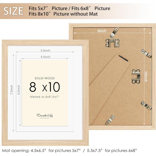 8x10 Picture Frames Matted for 5x7 and 6x8 Picture, Solid Wood with Oak Wood Grain, Double Mats Photo Frame with Tempered Real Glass Fits 3 sizes, Tabletop or Wall Mounting Display, Oak