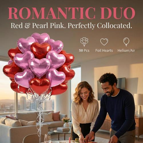 18 Inch Red & Pink Heart Balloons, 30 Pcs Heart Shaped Foil Balloons for Valentine‘s Day, Wedding, Birthday - 15 Red, 15 Pink Balloons set- Support Helium - Party Decorations