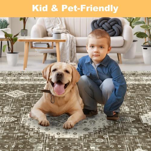 LOKHOM 8x10 Area Rugs for Living Room, Non-Slip Washable Vintage Area Rug, Low Pile Soft Faux Wool Large Floor Carpet Accent Rug for Bedroom Kitchen Entryway Dining Room Nursery,Vintage Brown