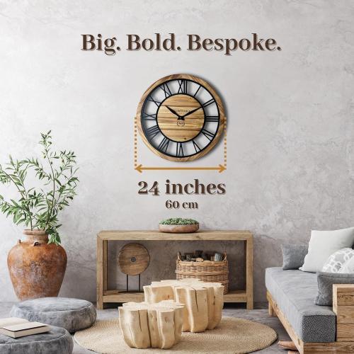 Montoire 24 Inch Wooden Farmhouse Wall Clock, Extra Large for Living Room Decor - Big Rustic Wood Large Round Wall Clock 24 Inches or Larger, Battery Operated with Decorative Roman Numerals