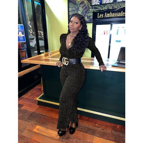 Size L LightlyKiss Women's casual sexy V-neck sparkling jumpsuit long sleeve loose jumpsuits Fashion Club party Rompers with belt