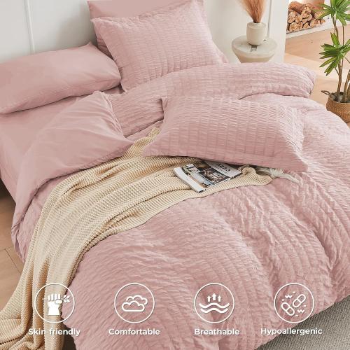 Light Pink Large Comforter Set Seersucker 7 Pieces, All Season Luxury Bed in a Bag for Bedroom, Bedding Set with Comforters, Sheets, Pillowcases & Shams
