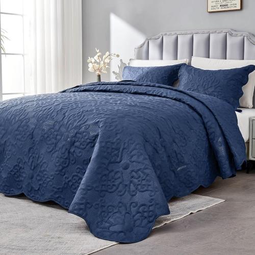 Oversized King Bedspreads 128x120 Extra Wide Quilt for Tall King California King Bed Lightweight 3 Piece Quilted Coverlet Pillow Shams Set Navy