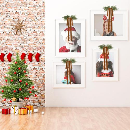 Hungdao 3 Set Christmas Bow Picture Frames Decorations Christmas Pine Branches and Bows Decor for Picture Photo Frames Holiday Xmas Home Wall Decoration (Camel)
