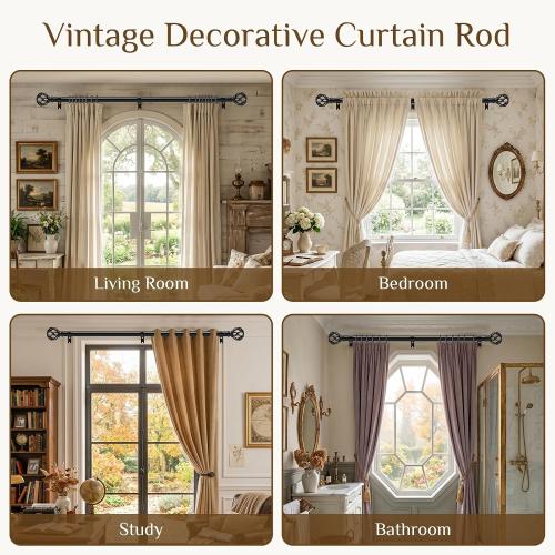 TVWOO Black Decorative Farmhouse Curtain Rods 2Pack:18-45 Adjustable Heavy Duty Single Window Curtain Rod for Bedroom Living Room,Black Boho Rustic Drapery Rods with Vintage Twist Finial Easy Install