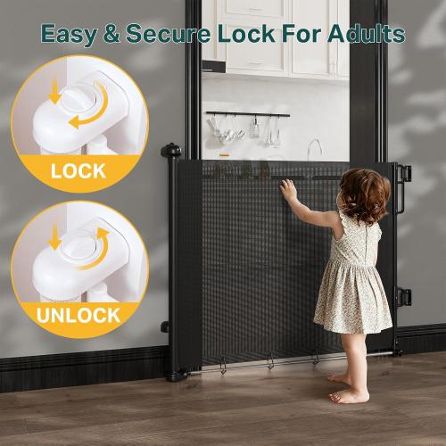 Cumbor 27-40 Retractable Baby Gates for Stairs & Doorways, Indoor Outdoor | Hardware Mounted Mesh Dog & Pet Gate, Easy Walk Through, One-Hand Operation, Anti-Crawl Adjustable Safety Gate for Dog, Black