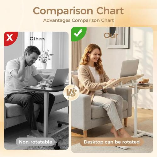 YUHFERA Rolling Table for Laptop Stand, Height and Angle Adjustable Over Bed Table with Wheels, Tilt-Top Laptop Desk for Couch with Cup Holder, Bed Table Tray for Eating (Oak)