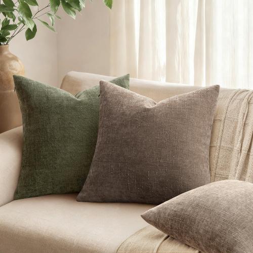 ANRODUO Pack of 2 Decorative Textured Throw Pillow Covers Soft Taupe Grey Euro Accent Solid Chenille Cushion Cover Cozy Farmhouse Pillow Case for Couch Sofa Bedroom Living Room Home Decor 24x24 Inch