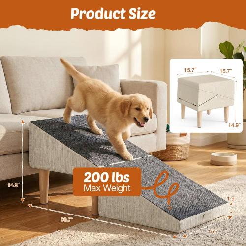 Foldable 15 Inch Dog Ramp, Ramply Split Ottoman with Detachable Washable Treads, 2-in-1 Folding Pet Ramps Stairs for Couch and Bed, Sturdy Ramp for Cats and Small to Medium Dogs