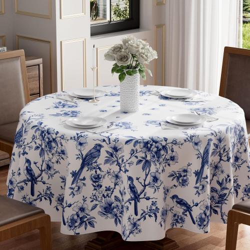 XCHI Blue and White Porcelain Style Birds and Flowers Spring Tablecloth Round Washable Table Covers for Summer Seasonal Indoor Outdoor Dining Home Party Decorations 70x70 Inch