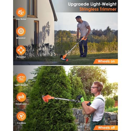 21V Cordless Weed Wacker, Lightweight Trimmer with 2 2.0Ah Battery, Electric Weed Eater Battery Powered, 3 in 1 Grass Trimmer/Brush Cutter/Edger Lawn Mower with 2 Types Blades & Wheels for Garden Yard