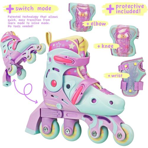 13-3...Roller Derby Switch Skates for Beginners, 2 in 1 Adjustable Skates Convert from Learn Mode to Inline Skates for Toddlers, Kids