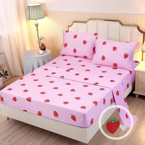 SDY 4PCS Strawberry Bedding Sheets,Queen Size Red and Pink Strawberry Print Sheet Set with 1 Kawaii Top Flat Sheet   1 Deep Pocket Fitted Sheet   2 Pillowcases for Teen Girls
