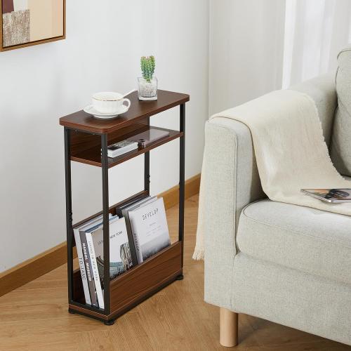 Vintage Narrow Side Table with Storage Shelf, 3 Tier Slim End Table Modern Sofa Table for Narrow and Small Spaces, 24.6 Inch Height Bedside Table Small Nightstand with Magazine Rack