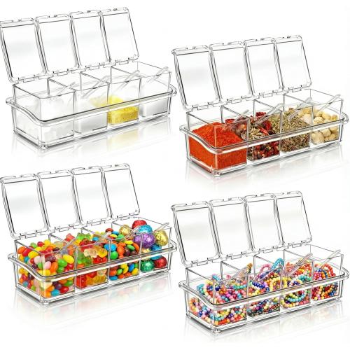 Bokon 4 Set Acrylic Clear Seasoning Box with Spoon, 16 Pcs Kitchen Seasoning Organizer Box Spice Pots Containers Condiment with Lids for Salt Candy Sugar Organizer, 10 x 4 x 3.3 Inch