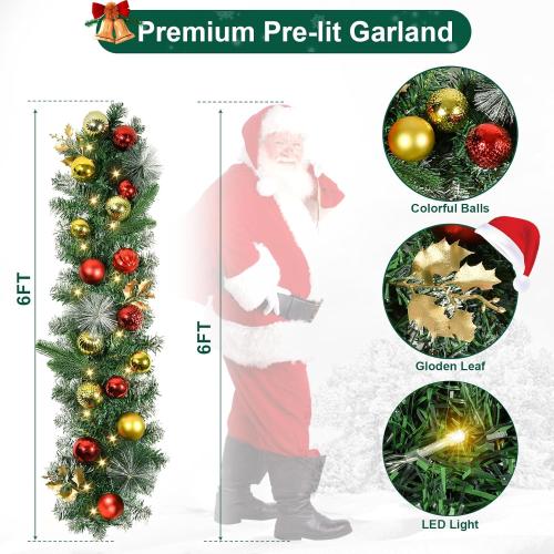 Beinhome 6 Ft Pre-Lit Christmas Garland, Artificial Christmas