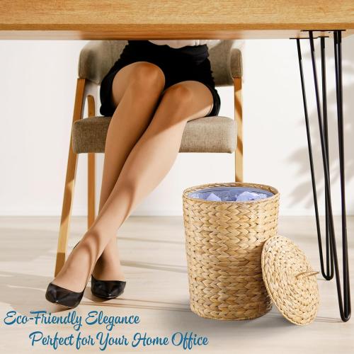 Size 3 gallon Wicker Trash Can with Lid and Removable Liner, Wicker Rattan Bathroom Trash Can, Large Woven Bin for Office, Hyacinth Waste Basket for Home Kitchen (Natural, 3 Gallons)