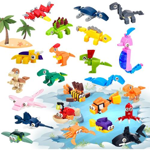 24 Packs Mini Building Blocks Animal Set with Themes of Dinosaur and Sea Creatures