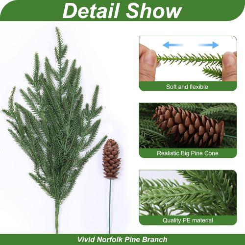Artificial Christmas Norfolk Pine Stems Branches for Vases,12 Bundles Faux Pine Branches with 5 PCS Big Fake Pinecones Stems Greenery Evergreen Real Touch for Holiday Winter Table Xmas Decor