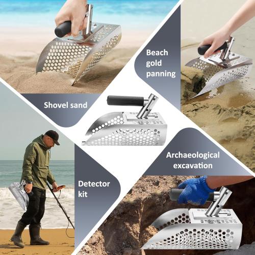 GADFISH Sand Scoop for Metal Detecting, Heavy Duty Metal Detector Beach Finds Scoop, Stainless Steel Metal Detecting Tool Digging Shovel Fast Sifting Stainless Steel Shovel