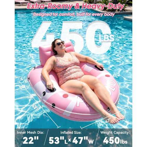 COLOR GREEN ❗❗River Tubes for Floating Heavy Duty, 53 Inflatable Pool Floats Adult, Water Tube with Mesh Seat, Full Support Headrest, 2 Cup Holder, 450lb Capacity - Ideal for Pool, River, Lake Float