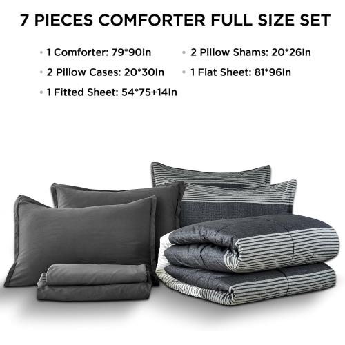 Andency Full Bed in a Bag 7 Pieces Comforter Set - Black White Grey Striped Lightweight Fully Breathable All Season Bedding Set with Comforter, Fitted & Flat Sheet, Pillowcases & Shams