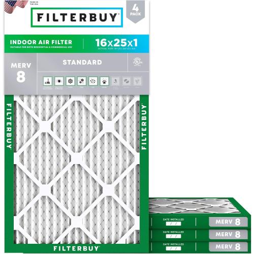 Filterbuy 16x25x1 Air Filter MERV 8 Dust & Allergy Defense (4-Pack) | Electrostatic Pleated HVAC AC Furnace Filters Replacement, Made in USA (Actual Size: 15.50 x 24.50 x 0.75)