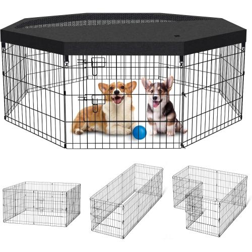 Dog Pen Pet Playpen Dog Fence Indoor Foldable Metal Wire Exercise Puppy Play Yard Pet Enclosure Indoor Outdoor 8 Panels 24 Inch with Bottom Pad/Top Cover (Black with top Cover)