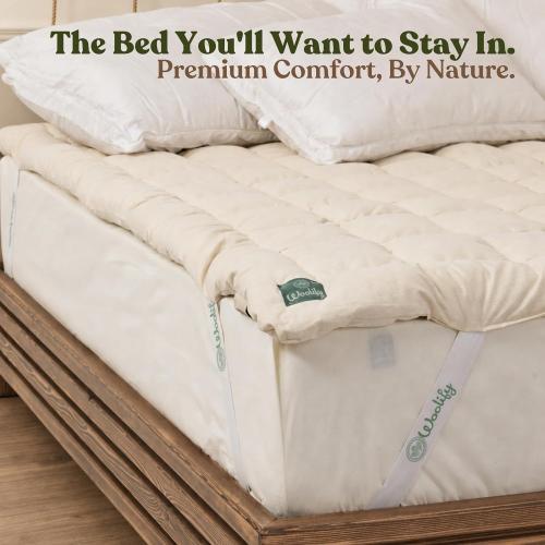 Organic Merino Wool Mattress Topper 1650 GSM - Pillow Top Mattress Pad, Handmade, Non-Toxic, Cooling and Hypoallergenic Wool Topper for Back Pain Relief (Queen)