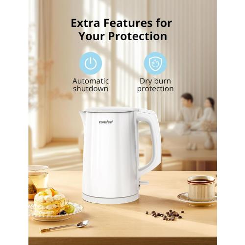 COMFEE' Electric Kettle and Tea Kettle, 1.5L Double Wall, Stainless Steel Interior, Lid & Spout, Fast Boil, Auto-Off, and Boil-Dry Protection, 1500W