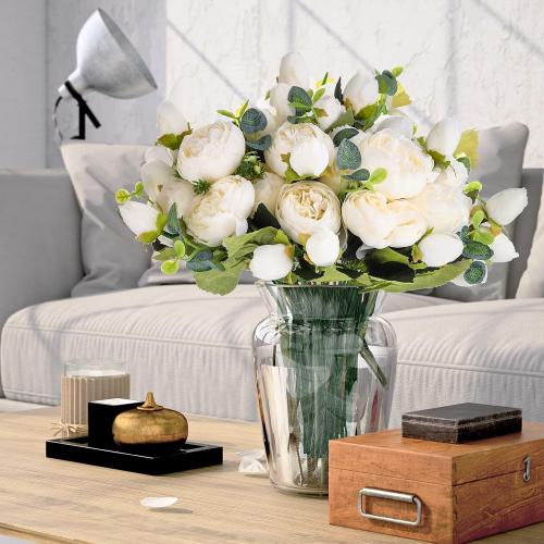 6 Pack Artificial Peony Flowers Faux Silk Hydrangea Bouquet Wedding Home Table Decor Reusable Bouquet of Rose Flower for Birthday Wedding(White)