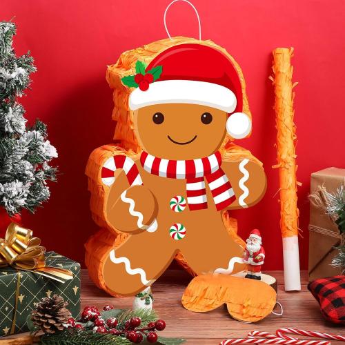 Christmas Gingerbread Man Piñata 16 Inch Mexican Piñata with Stick Blindfold Pack Christmas Prop Bundle for Xmas Birthday Holiday Game Favors Photo Prop Decoration