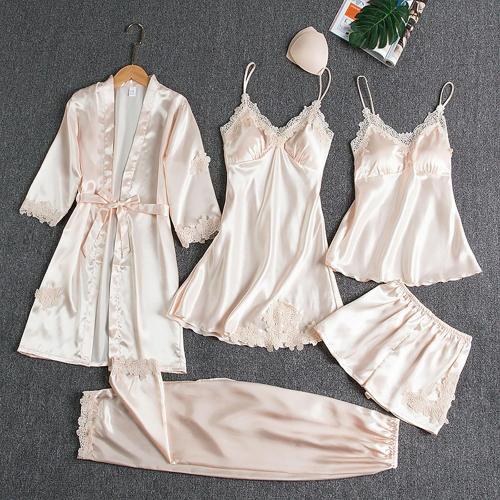 Size M 4/5pcs Silk Pajamas Set for Women Silk Lace Robe Dress Sleepwear Nightdress Pajamas Pants Set Soft Loungewear Set