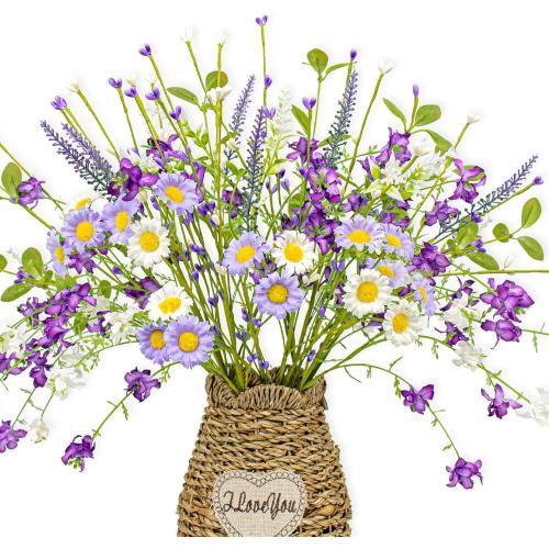 Spring Decorations for Home 12 Pack Purple Spring Flowers 17 Inch Artificial Spring Floral Stems with Daisy and Berries for Spring Summer Farmhouse Ornaments