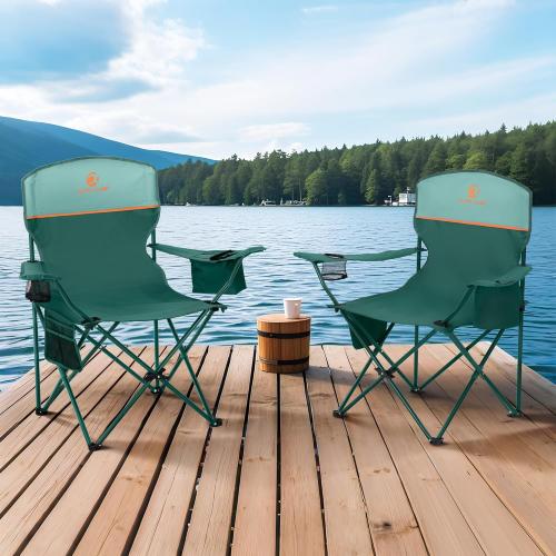 ALPHA CAMP Camping Chairs 350LBS Capacity, Heavy Duty Folding Chair with 4-Can Cooler Bag, Portable Outdoor Chair with Cup Holder for Adults, Collapsible for Tailgating, Beach, Fishing,Black,2PC