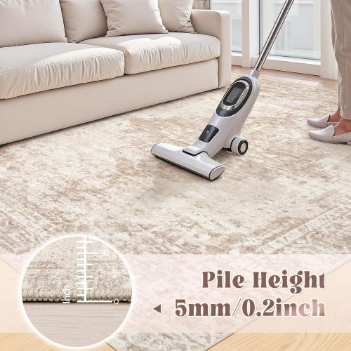 Area Rugs 9x12 Living Room: Large Vintage Living Room Rug with Non-Slip Backing Low Pile Rugs Soft Indoor Floor Thin Carpet Neutral Carpets for Bedroom Dining Room Farmhouse Nursery Brown/Cream