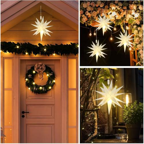 Kingdder 3 Pieces Moravian Star Light LED 3D Star Hanging Light Powered by Battery with Timer Function White Porch Lantern Holiday Decor for Indoor Outdoor Christmas Tree Balcony Courtyard (14 Inch)