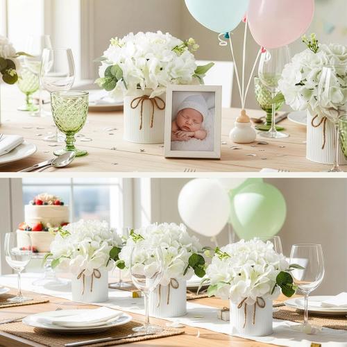 Auihiay 10PCS Flower Centerpieces for Tables, Hydrangea Artificial Flowers with Metal Vase, Artificial Rose Baby's Breath Flower Bouquets for Spring Wedding Bridal Tea Party Table Home Reception Decor