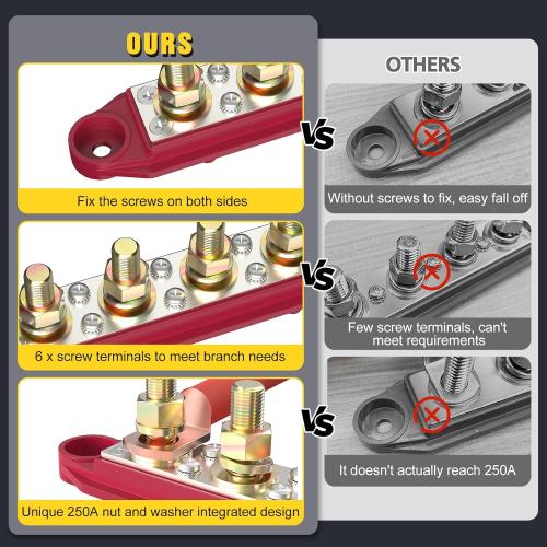 MOFEEZ Power Distribution Block Bus Bar, 4 x 3/8 Posts, 6 x #8 Screws Terminals, Max 48V 250A (Pair, Red & Black)