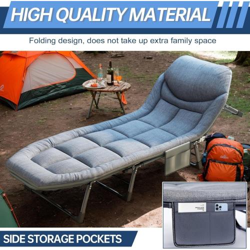 Color Grey Chaise Lounge Chair, Folding Cot, 6-Angle Adjustable Camping Cot with Mattress for Patio and Beach, Foldable Bed Portable Heavy Duty Lay Flat Reclining with Pillow