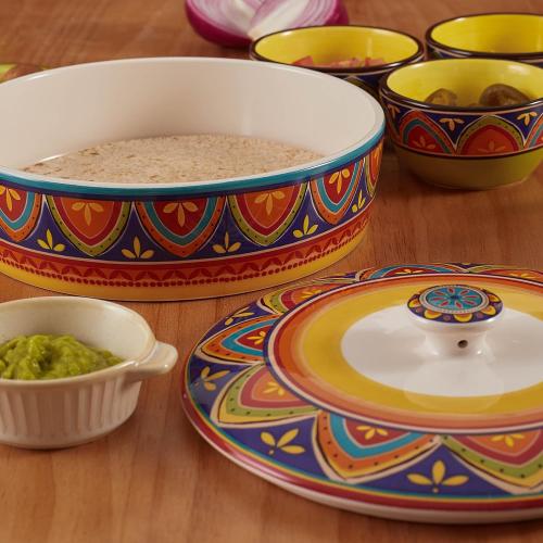 Bico Tunisian Ceramic Tortilla Warmer, 8.9 Inch Tortilla Holder with Lid for Taco Bread Pancake for Mexican Night and Party, Microwave and Dishwasher Safe